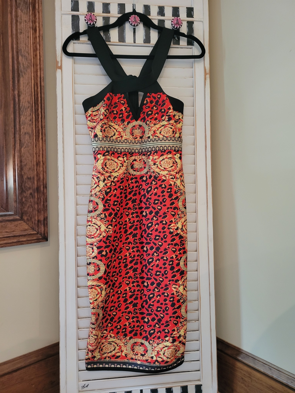 WOW couture Leopard Print Midi Dress with Gold Baroque Trim